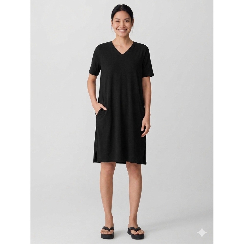Eileen Fisher Slubby Dress V-Neck w/ Pockets Cotton Blend Minimal Medium Petite